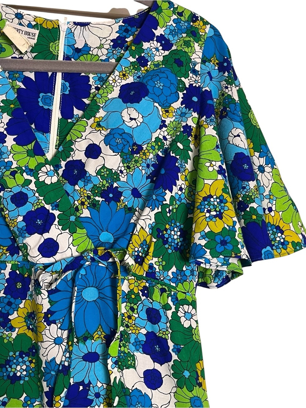 Vintage Liberty House Hawaii Floral Maxi Dress Blue Green Flutter Sleeve 10 - Picture 7 of 13